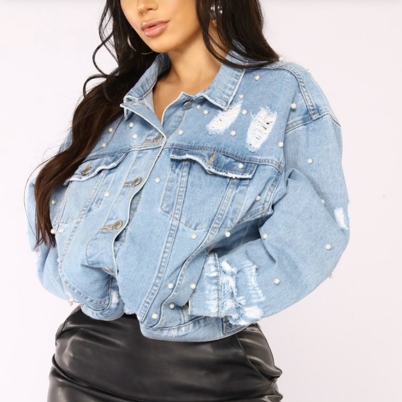 denim jacket with pearls on sleeves